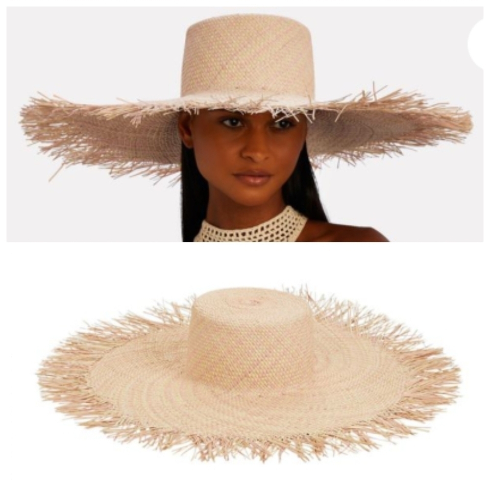 New Eugenia Kim Valentina Frayed Edge Palm Straw Adjustable Nude/Multi Sun Hat